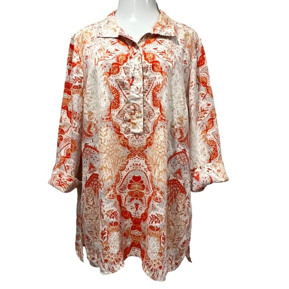 Chico's Linen Button Placket Tunic Top, Relaxed Fit, Print, Orange Cream, XL - Picture 1 of 9